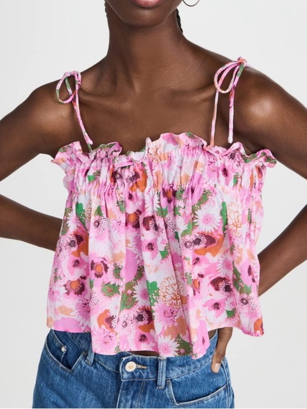GANNI Floral Tie Strap Tank Top Sugar Plum EU 42 / US 10